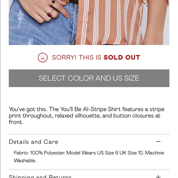 NASTY GAL button front top SOLD OUT peach stripe - Picture 3 of 8